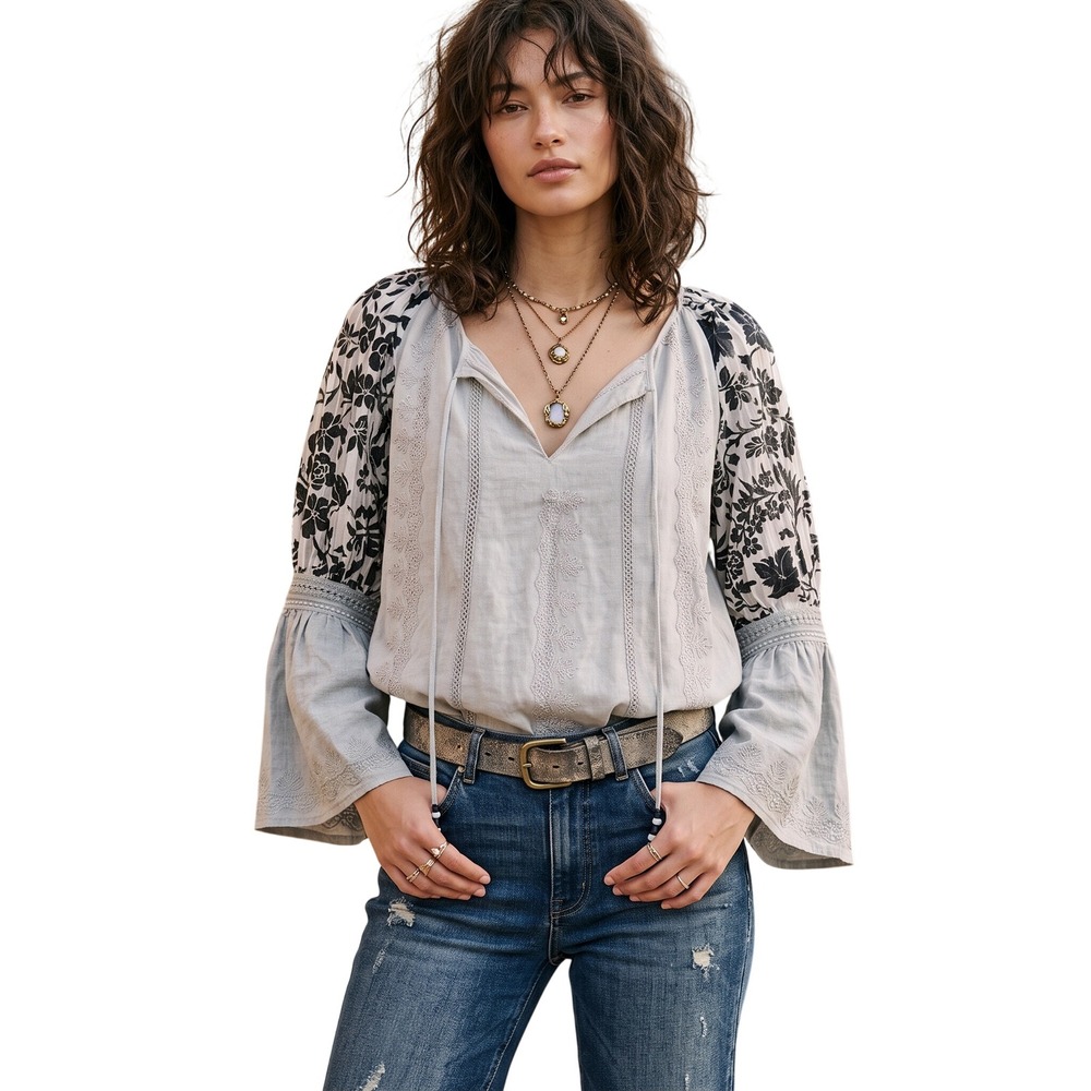 YOUNG THREADS Embroidered Tunic Boho Mixed Media Blouse Gray Small NWT